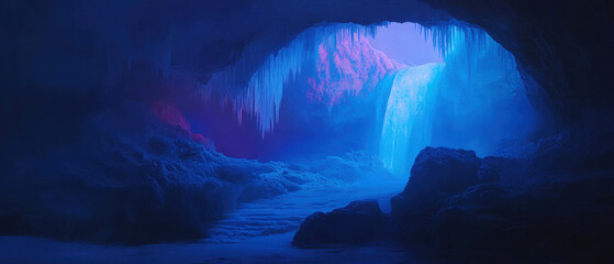 Poster - Majestic ice cave featuring a frozen waterfall with stunning blue ice formations