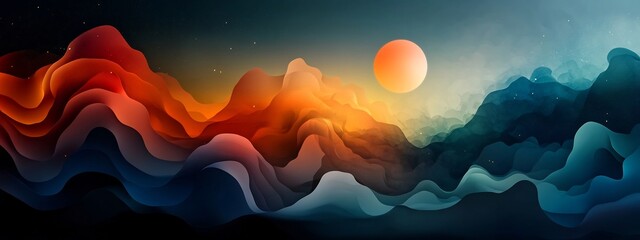 Poster - Vibrant and Captivating Cosmic Landscape with Undulating Waves of Color Light and Energy  This Digital Depicts a Surreal and Dreamlike Scenery with Mountains Sky Sun