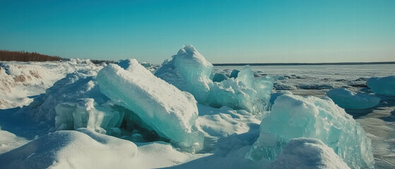 Poster - Beautiful winter landscape with ice formations on rocks under clear blue sky