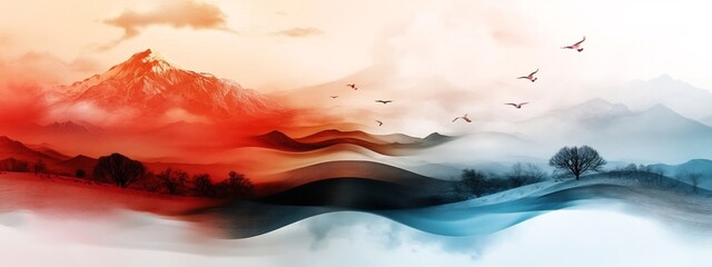 Poster - A surreal and dreamlike landscape depicting a collage of natural phenomena such as tides heartbeats and animal patterns rendered in vibrant hues and a minimalist abstract style