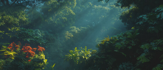 Poster - Vibrant sunlight filters through thick jungle canopy illuminating lush vegetation