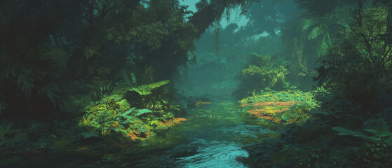 Poster - Winding river flows through lush tropical jungle filled with vibrant foliage