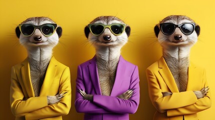 Wall Mural - Three stylish meerkats in colorful suits and sunglasses posing confidently