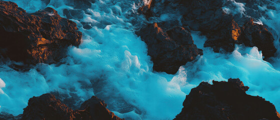 Aufkleber - Lava field meets ocean waves in stunning contrast of black rock and vibrant blue
