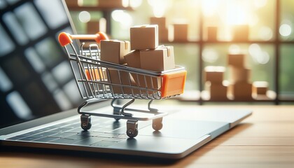 Miniature shopping cart with cardboard boxes on laptop keyboard, symbolizing online Shopping