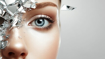 Poster - Close-up of a woman's face featuring artistic silver makeup, with shattered mirror pieces reflecting light against a soft gray background.