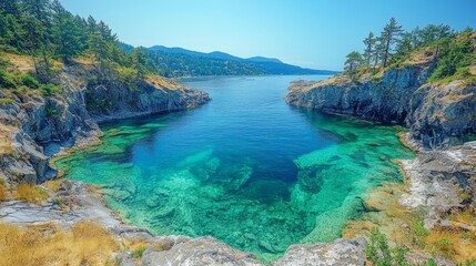 Wall Mural - Secluded cove with crystal-clear turquoise water, surrounded by rocky shores and lush greenery under a sunny sky.