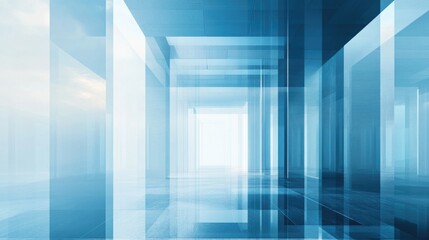 Poster - Abstract Blue Business Analytics Environment with Layered Transparent Structures, Perspective View of Modern Office Interior, Light Reflections and Shadows.