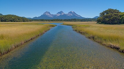 Wall Mural - Serene river flows through a grassy wetland towards majestic mountains under a clear blue sky.