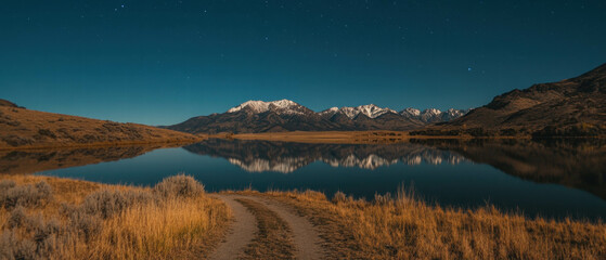 Poster - Mountain lake reflects a starry night sky with serene beauty under the moonlight