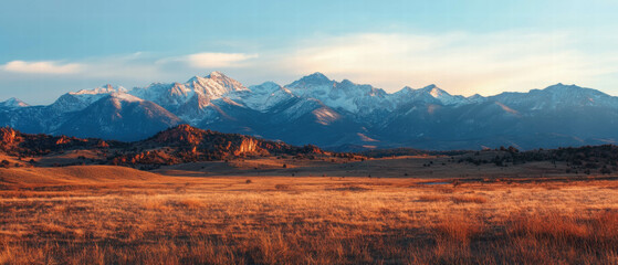 Poster - Majestic snow-capped mountain peaks rise above serene golden grasslands at sunset