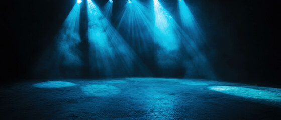 Poster - Dynamic blue spotlights illuminate a stage for an energetic performance