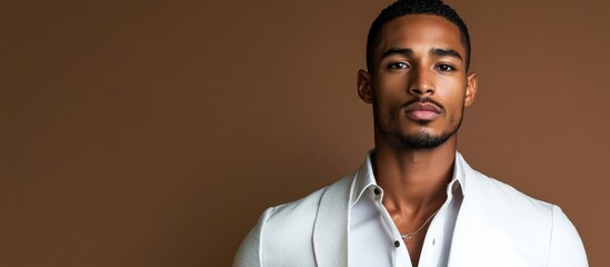 Poster - handsome young multi-ethnic man with light brown skin wearing a white jacket against a warm brown ba