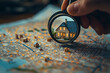 © Martinesku - Hand holding magnifying glass and looking at house model, house selection, real estate concept. Concept of rent search purchase real estate