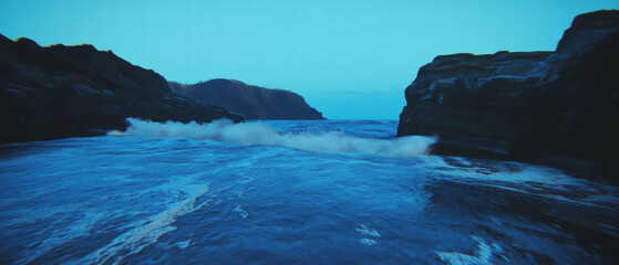 Aufkleber - Powerful ocean waves crashing against the shore during twilight hours