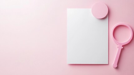 Poster - pink themed flat lay composition featuring a blank white paper, a pink circle, and a pink magnifying