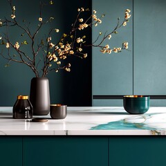 Poster - Breathtaking marble countertop showcasing a symphony of pristine white smoky gray and mesmerizing turquoise hues accented by a touch of gleaming gold