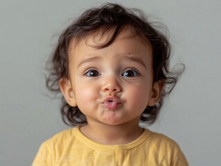 Crying toddler with curly dark hair making a pout face in a yellow shirt against a soft grey background expressing emotions of frustration and sadness