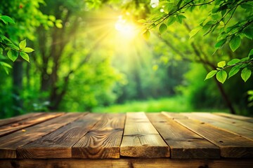 Wall Mural - Serene Spring Summer Garden: Empty Wooden Table with Lush Green Foliage, Long Exposure Photography