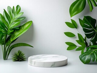 Poster - Minimalist and contemporary scene featuring a marble textured podium or pedestal standing against a clean white wall surrounded by lush green plants and leaves