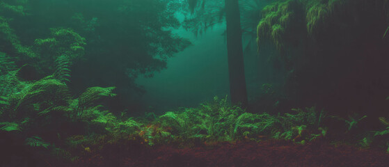 Poster - Mysterious rainforest enveloped in mist and lush greenery