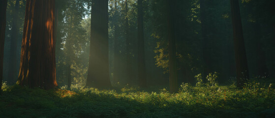 Poster - Majestic redwood trees reaching towards the sky in a serene forest landscape