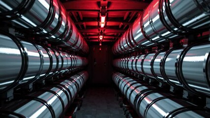 Leinwandbilder - Intriguing interior of a futuristic facility featuring rows of shiny metallic cylinders under red lights