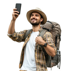 Smiling Tourist Takes a Selfie with His Backpack