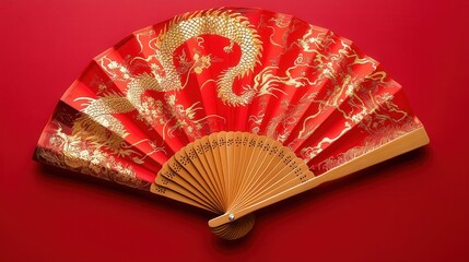 Poster - A beautifully crafted bamboo fan featuring a golden dragon motif on a red background.