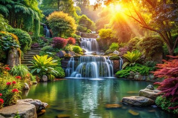 Wall Mural - Serene Waterfall Garden Pond, Lush Park Landscape, High-Resolution Stock Photo