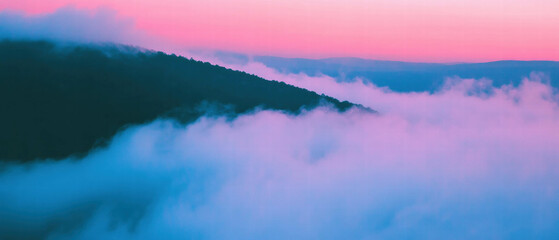 Aufkleber - Mysterious fog created by dry ice smoke over a tranquil landscape at sunset