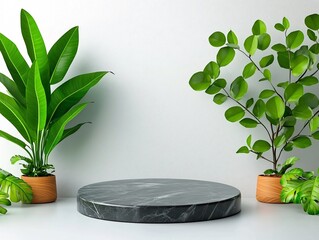 Poster - Minimalist marble texture podium or pedestal displayed against a clean white wall with lush green potted plants creating a modern and natural composition for product display branding or advertising
