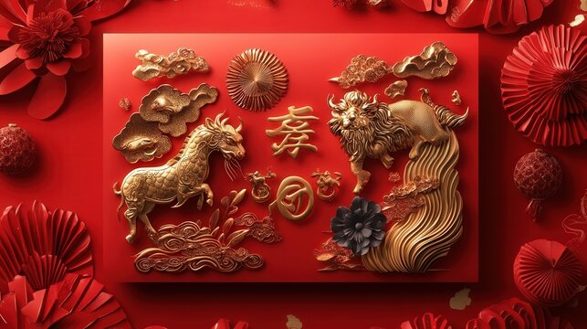 Chinese New Year 2025 red envelope with zodiac animal illustrations, gold accents, and a festive red backdrop