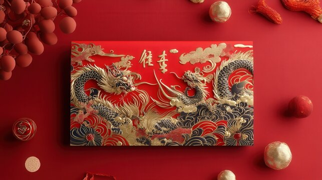 Chinese New Year 2025 red envelope with zodiac animal illustrations, gold accents, and a festive red backdrop
