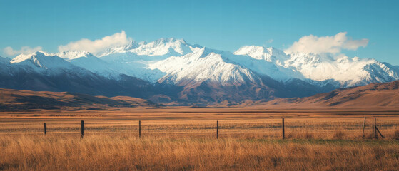 Poster - Majestic snow-covered mountain range under a clear blue sky at dawn