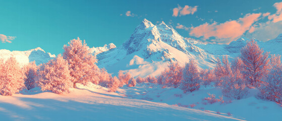 Poster - Snow-covered mountains amidst serene alpine trees create a peaceful winter landscape