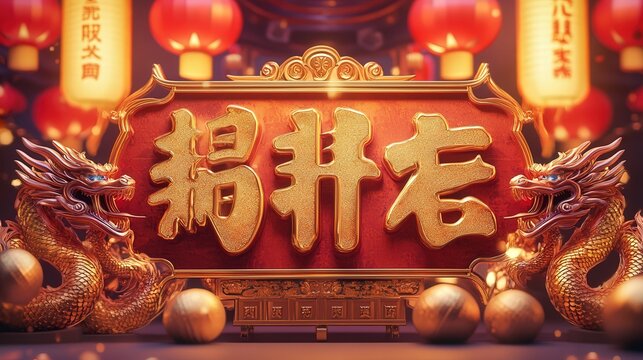 Chinese New Year 2025 invitation sign with large golden text, dragon motifs, and a vibrant background of glowing lanterns