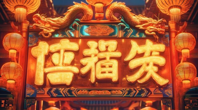 Chinese New Year 2025 invitation sign with large golden text, dragon motifs, and a vibrant background of glowing lanterns