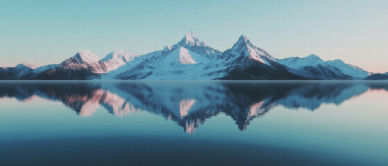 Poster - Snowy mountain peaks mirror in crystal clear lake waters at sunrise