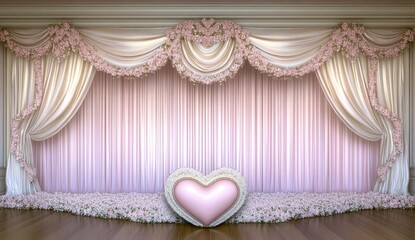 Poster - This 3D rendering illustration showcases a Valentine's Day podium with a heart-shaped balloon and confetti