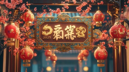 Wall Mural - Chinese New Year 2025 sign featuring ornate gold text, zodiac designs, and a festive arrangement of lanterns