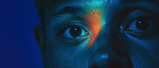 Poster - Intense portrait with dramatic spotlight on face revealing deep emotions and expression