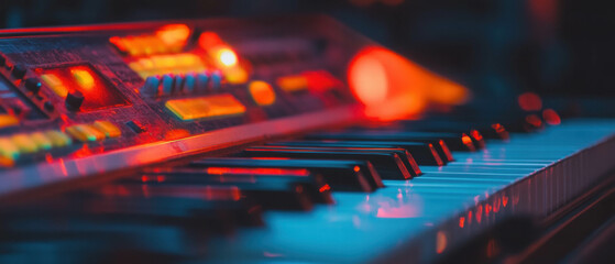 Poster - Intricate details of a musical instrument highlighted by vibrant spotlight