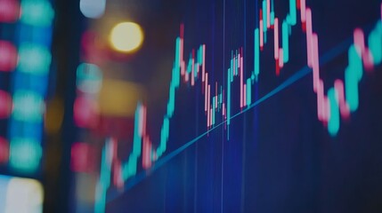 Poster - Glowing big data forex candlestick chart in the foreground with a blurred city background, representing trade, technology, investment, and analysis