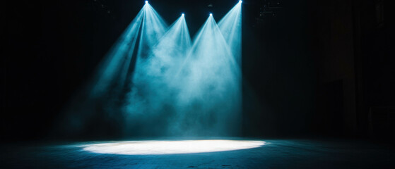 Poster - Dramatic spotlight illuminating a stage with powerful beams of light in a theatrical setting