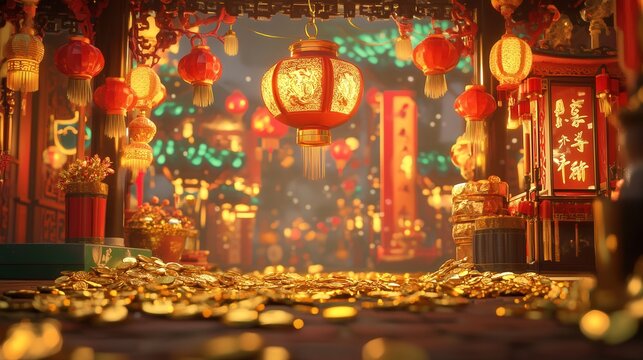 Chinese New Year 2025 invitation sign showcasing festive decorations, gold coins, and a central lantern motif.