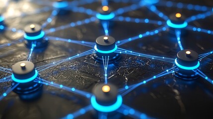 Aufkleber - Glowing lines and dots intertwine into an abstract network on a dark background, signifying connectivity and advanced digital innovation