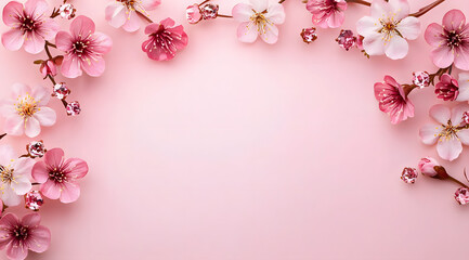 Wall Mural - banner with cherry flowers on pastel pink background. greeting card template for wedding, mothers da
