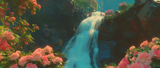 Poster - Refreshing spring waterfall cascading through vibrant flowers in a serene landscape