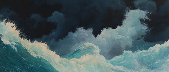 Poster - Powerful stormy ocean waves crashing under dark, dramatic clouds